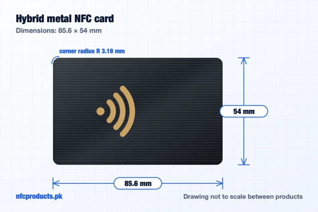 Dimensions of the Blank Hybrid Metal NFC Card NTAG215 – Engravable: 85.6 × 54 mm