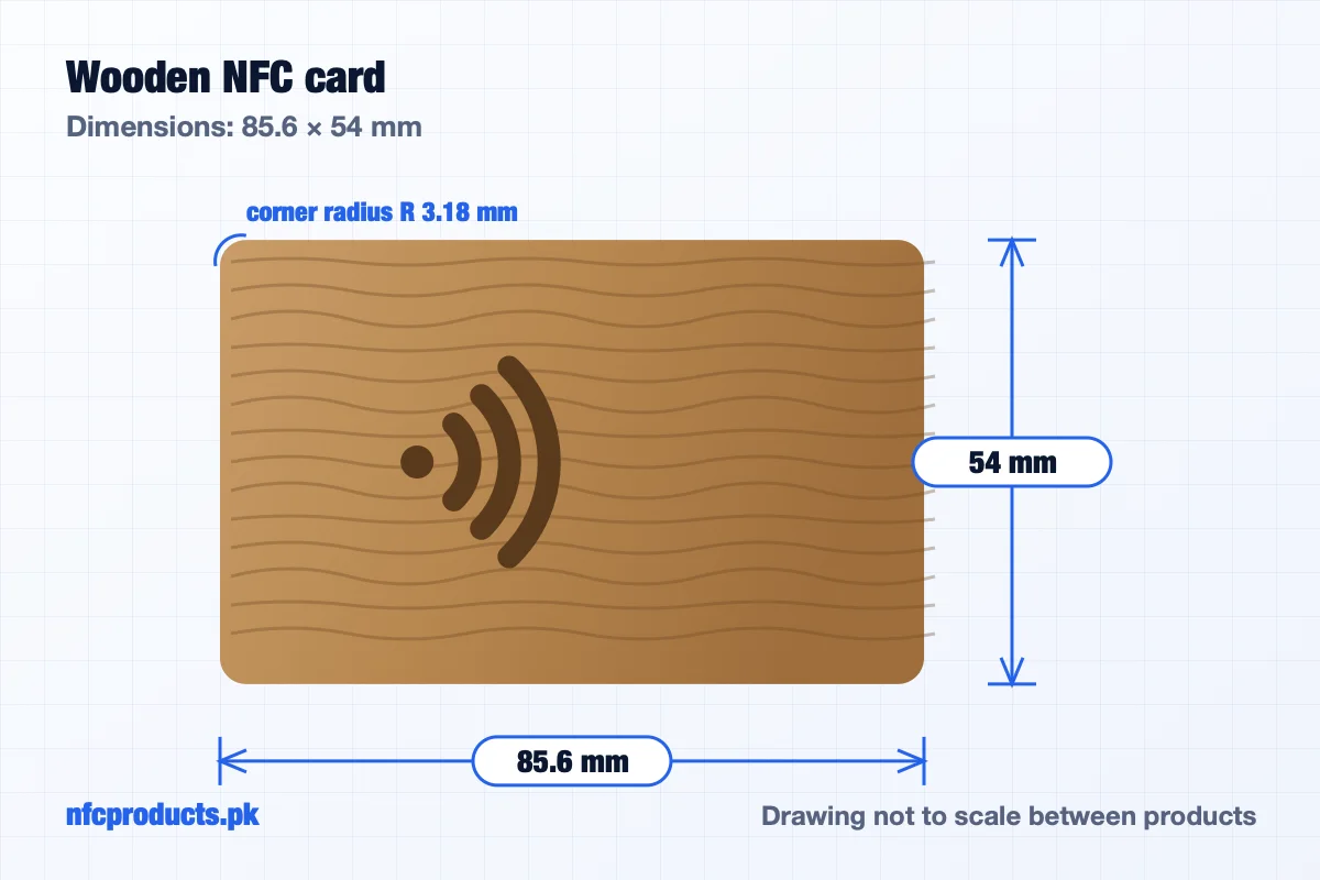 Dimensions of the Blank Wooden NFC Card NTAG215 – Engravable Wood Card: 85.6 × 54 mm
