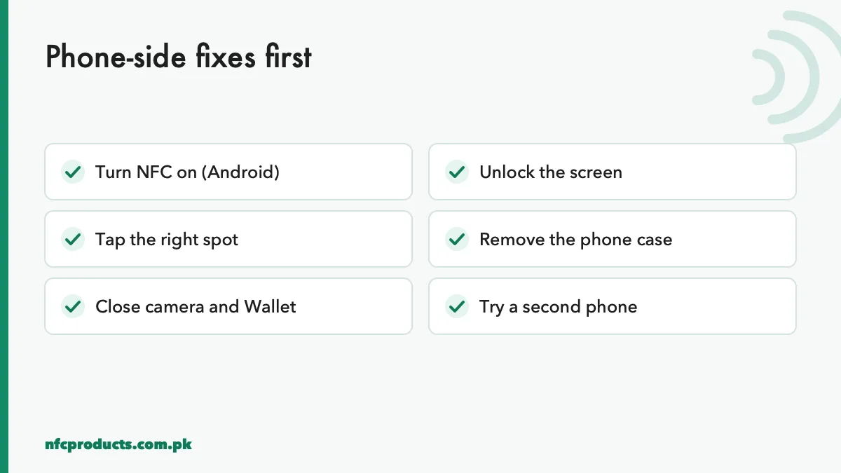 Checklist of phone-side fixes for an NFC card not working