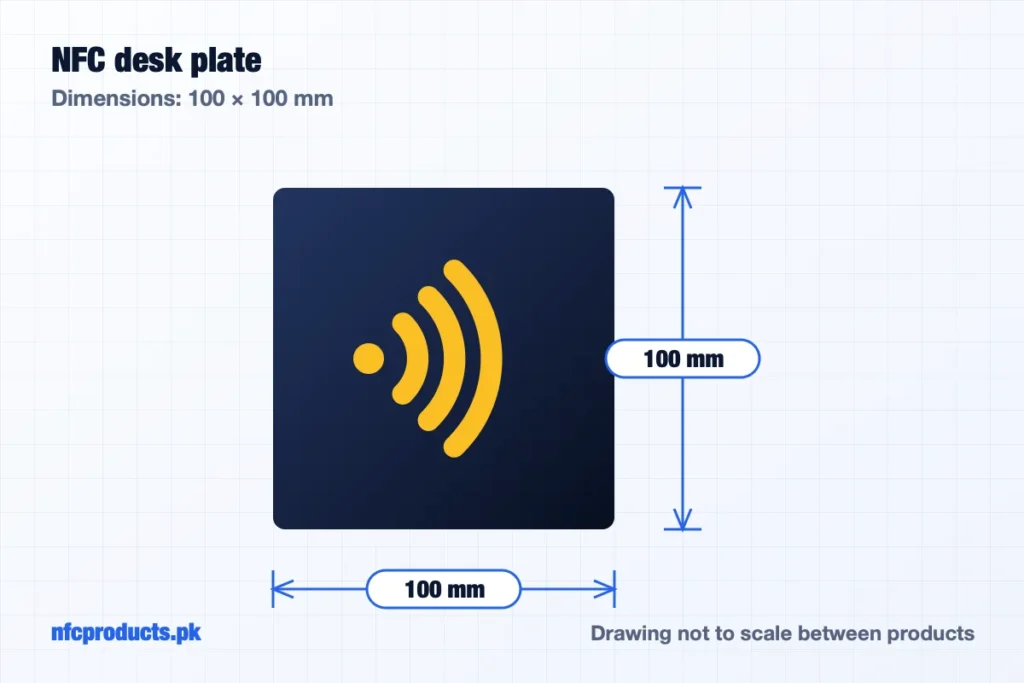 Dimensions of the NFC Desk Plate NTAG213 100×100mm – Smart Tag (Wholesale): 100 × 100 mm