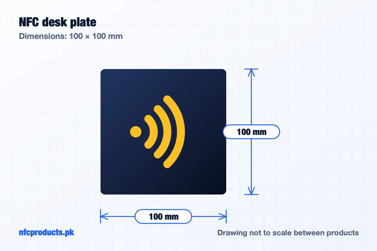 Dimensions of the NFC Desk Plate NTAG213 100×100mm – Smart Tag (Wholesale): 100 × 100 mm